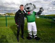 10 October 2021; Macúl the official FAI mascot for all supporters in partnership with the Confederation of Republic of Ireland Supporters Clubs at a Republic of Ireland training session in Abbotstown, Dublin, with manager Stephen Kenny. Photo by Stephen McCarthy/Sportsfile