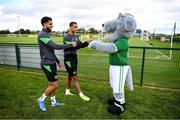 10 October 2021; Macúl the official FAI mascot for all supporters in partnership with the Confederation of Republic of Ireland Supporters Clubs at a Republic of Ireland training session in Abbotstown, Dublin, with Adam Idah, centre, and Andrew Omobamidele. Photo by Stephen McCarthy/Sportsfile