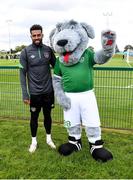 10 October 2021; Macúl the official FAI mascot for all supporters in partnership with the Confederation of Republic of Ireland Supporters Clubs at a Republic of Ireland training session in Abbotstown, Dublin, with Cyrus Christie. Photo by Stephen McCarthy/Sportsfile