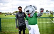 10 October 2021; Macúl the official FAI mascot for all supporters in partnership with the Confederation of Republic of Ireland Supporters Clubs at a Republic of Ireland training session in Abbotstown, Dublin, with Cyrus Christie. Photo by Stephen McCarthy/Sportsfile