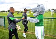 10 October 2021; Macúl the official FAI mascot for all supporters in partnership with the Confederation of Republic of Ireland Supporters Clubs at a Republic of Ireland training session in Abbotstown, Dublin, with Gavin Bazunu, left, and Chiedozie Ogbene. Photo by Stephen McCarthy/Sportsfile