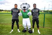 10 October 2021; Macúl the official FAI mascot for all supporters in partnership with the Confederation of Republic of Ireland Supporters Clubs at a Republic of Ireland training session in Abbotstown, Dublin, with Gavin Bazunu, left, and Chiedozie Ogbene. Photo by Stephen McCarthy/Sportsfile