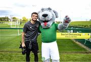 10 October 2021; Macúl the official FAI mascot for all supporters in partnership with the Confederation of Republic of Ireland Supporters Clubs at a Republic of Ireland training session in Abbotstown, Dublin, with Troy Parrott. Photo by Stephen McCarthy/Sportsfile