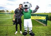 10 October 2021; Macúl the official FAI mascot for all supporters in partnership with the Confederation of Republic of Ireland Supporters Clubs at a Republic of Ireland training session in Abbotstown, Dublin, with Troy Parrott. Photo by Stephen McCarthy/Sportsfile