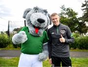10 October 2021; Macúl the official FAI mascot for all supporters in partnership with the Confederation of Republic of Ireland Supporters Clubs at a Republic of Ireland training session in Abbotstown, Dublin, with James McClean. Photo by Stephen McCarthy/Sportsfile