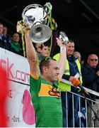 10 October 2021; Dunloy captain Paul Shiels lifts the cup following his side's victory in the Antrim County Senior Club Hurling Championship Final match between Dunloy and O'Donovan Rossa at Corrigan Park in Belfast. Photo by Ramsey Cardy/Sportsfile