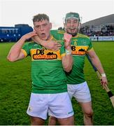 10 October 2021; Eoin O'Neill, left, and Kevin Molloy of Dunloy celebrate following the Antrim County Senior Club Hurling Championship Final match between Dunloy and O'Donovan Rossa at Corrigan Park in Belfast. Photo by Ramsey Cardy/Sportsfile