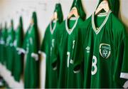 10 October 2021; Republic of Ireland jerseys hang in the dressing room before the UEFA U17 Championship Qualifying Round Group 5 match between Republic of Ireland and North Macedonia at Turner's Cross in Cork. Photo by Eóin Noonan/Sportsfile