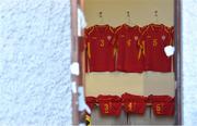 10 October 2021; North Macedonia jerseys hanging in the dressing room before the UEFA U17 Championship Qualifying Round Group 5 match between Republic of Ireland and North Macedonia at Turner's Cross in Cork. Photo by Eóin Noonan/Sportsfile