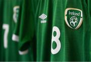 10 October 2021; A detailed view of a Republic of Ireland jersey hanging in the dressing room before the UEFA U17 Championship Qualifying Round Group 5 match between Republic of Ireland and North Macedonia at Turner's Cross in Cork. Photo by Eóin Noonan/Sportsfile