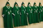 10 October 2021; Republic of Ireland jerseys hang in the dressing before the UEFA U17 Championship Qualifying Round Group 5 match between Republic of Ireland and North Macedonia at Turner's Cross in Cork. Photo by Eóin Noonan/Sportsfile