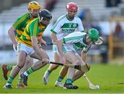 10 October 2021; Joey Holden of Ballyhale Shamrocks, supported by team-mate Darren Mullen, in action against Jason Cleere and Seán Morrissey, left, of Bennettsbridge during the Kilkenny County Senior Hurling Championship quarter-final match between Bennettsbridge and Ballyhale Shamrocks at UPMC Nowlan Park in Kilkenny. Photo by Piaras Ó Mídheach/Sportsfile