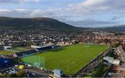 10 October 2021; An aerial view of match action, with Black Mountain in the background, during the Antrim County Senior Club Hurling Championship Final match between Dunloy and O'Donovan Rossa at Corrigan Park in Belfast. Photo by Ramsey Cardy/Sportsfile