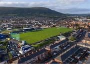 10 October 2021; An aerial view of match action, with Black Mountain in the background, during the Antrim County Senior Club Hurling Championship Final match between Dunloy and O'Donovan Rossa at Corrigan Park in Belfast. Photo by Ramsey Cardy/Sportsfile