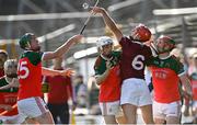 10 October 2021; Cillian Buckley of Dicksboro in action against James Stephen's players, from right, Eoin Larkin, Cian Kenny and Andy Parsons during the Kilkenny County Senior Hurling Championship quarter-final match between James Stephen's and Dicksboro at UPMC Nowlan Park in Kilkenny. Photo by Piaras Ó Mídheach/Sportsfile