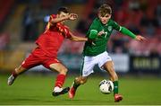 10 October 2021; Kevin Zefi of Republic of Ireland in action against Andrej Arizankoski of North Macedonia during the UEFA U17 Championship Qualifying Round Group 5 match between Republic of Ireland and North Macedonia at Turner's Cross in Cork. Photo by Eóin Noonan/Sportsfile