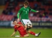 10 October 2021; Kevin Zefi of Republic of Ireland in action against Andrej Arizankoski of North Macedonia during the UEFA U17 Championship Qualifying Round Group 5 match between Republic of Ireland and North Macedonia at Turner's Cross in Cork. Photo by Eóin Noonan/Sportsfile