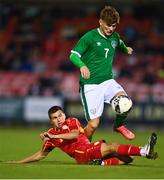 10 October 2021; Kevin Zefi of Republic of Ireland in action against Andrej Arizankoski of North Macedonia during the UEFA U17 Championship Qualifying Round Group 5 match between Republic of Ireland and North Macedonia at Turner's Cross in Cork. Photo by Eóin Noonan/Sportsfile