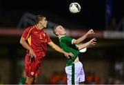 10 October 2021; Mark O'Mahony of Republic of Ireland in action against Marko Stojilevski of North Macedonia during the UEFA U17 Championship Qualifying Round Group 5 match between Republic of Ireland and North Macedonia at Turner's Cross in Cork. Photo by Eóin Noonan/Sportsfile