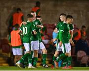 10 October 2021; Rocco Vata of Republic of Ireland, 10, celebrates with team-mate Mark O'Mahony after scoring their side's first goal during the UEFA U17 Championship Qualifying Round Group 5 match between Republic of Ireland and North Macedonia at Turner's Cross in Cork. Photo by Eóin Noonan/Sportsfile