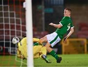 10 October 2021; Mark O'Mahony of Republic of Ireland has a shot on goal blocked by North Macedonia goalkeeper David Stojanovikj during the UEFA U17 Championship Qualifying Round Group 5 match between Republic of Ireland and North Macedonia at Turner's Cross in Cork. Photo by Eóin Noonan/Sportsfile