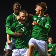 10 October 2021; Mark O'Mahony of Republic of Ireland celebrates with team-mates Franco Umeh, left, and Kevin Zefi after scoring his side's second goal during the UEFA U17 Championship Qualifying Round Group 5 match between Republic of Ireland and North Macedonia at Turner's Cross in Cork. Photo by Eóin Noonan/Sportsfile