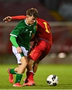 10 October 2021; Kevin Zefi of Republic of Ireland in action against Muhamed Elmas of North Macedonia during the UEFA U17 Championship Qualifying Round Group 5 match between Republic of Ireland and North Macedonia at Turner's Cross in Cork. Photo by Eóin Noonan/Sportsfile