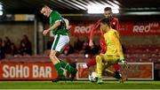 10 October 2021; Mark O'Mahony of Republic of Ireland backheals to score his side's second goal during the UEFA U17 Championship Qualifying Round Group 5 match between Republic of Ireland and North Macedonia at Turner's Cross in Cork. Photo by Eóin Noonan/Sportsfile