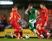 10 October 2021; Rocco Vata of Republic of Ireland in action against Daniel Markovski of North Macedonia during the UEFA U17 Championship Qualifying Round Group 5 match between Republic of Ireland and North Macedonia at Turner's Cross in Cork. Photo by Eóin Noonan/Sportsfile