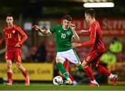 10 October 2021; Rocco Vata of Republic of Ireland in action against Daniel Markovski of North Macedonia during the UEFA U17 Championship Qualifying Round Group 5 match between Republic of Ireland and North Macedonia at Turner's Cross in Cork. Photo by Eóin Noonan/Sportsfile