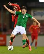 10 October 2021; Justin Ferizaj of Republic of Ireland in action against Muhamed Elmas of North Macedonia during the UEFA U17 Championship Qualifying Round Group 5 match between Republic of Ireland and North Macedonia at Turner's Cross in Cork. Photo by Eóin Noonan/Sportsfile