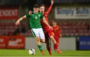 10 October 2021; Justin Ferizaj of Republic of Ireland in action against Muhamed Elmas of North Macedonia during the UEFA U17 Championship Qualifying Round Group 5 match between Republic of Ireland and North Macedonia at Turner's Cross in Cork. Photo by Eóin Noonan/Sportsfile