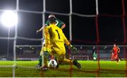 10 October 2021; Mark O'Mahony of Republic of Ireland backheals to score his side's second goal during the UEFA U17 Championship Qualifying Round Group 5 match between Republic of Ireland and North Macedonia at Turner's Cross in Cork. Photo by Eóin Noonan/Sportsfile