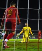 10 October 2021; North Macedonia goalkeeper David Stojanovikj reacts after Mark O'Mahony of Republic of Ireland scored his side's second goal during the UEFA U17 Championship Qualifying Round Group 5 match between Republic of Ireland and North Macedonia at Turner's Cross in Cork. Photo by Eóin Noonan/Sportsfile