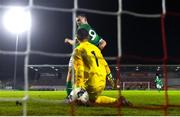 10 October 2021; Mark O'Mahony of Republic of Ireland backheals to score his side's second goal during the UEFA U17 Championship Qualifying Round Group 5 match between Republic of Ireland and North Macedonia at Turner's Cross in Cork. Photo by Eóin Noonan/Sportsfile