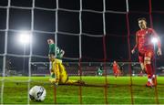 10 October 2021; Mark O'Mahony of Republic of Ireland backheals to score his side's second goal during the UEFA U17 Championship Qualifying Round Group 5 match between Republic of Ireland and North Macedonia at Turner's Cross in Cork. Photo by Eóin Noonan/Sportsfile