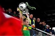 10 October 2021; Dunloy captain Paul Shiels lifts the trophy after the Antrim County Senior Club Hurling Championship Final match between Dunloy and O'Donovan Rossa at Corrigan Park in Belfast. Photo by Ramsey Cardy/Sportsfile