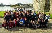 11 October 2021; 5th class students from Our Lady Queen of Peace Primary School along with Limerick hurlers, back row, from left, Peter Casey, William O'Donoghue and Darragh O'Donovan with Cllr Daniel Butler, Mayor of the City and County of Limerick at the launch of 'Back 2 Back' at Limerick City and County Council offices at Merchants Quay in Limerick. Photo by Diarmuid Greene/Sportsfile