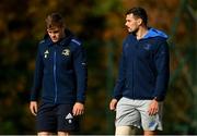 11 October 2021; Max Deegan, right, and Garry Ringrose during a Leinster Rugby squad training session at UCD in Dublin. Photo by Harry Murphy/Sportsfile