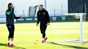 11 October 2021; Shane Duffy celebrates a score during a Republic of Ireland training session at the FAI National Training Centre in Abbotstown, Dublin. Photo by Stephen McCarthy/Sportsfile