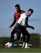 11 October 2021; Troy Parrott, right, and Cyrus Christie during a Republic of Ireland training session at the FAI National Training Centre in Abbotstown, Dublin. Photo by Stephen McCarthy/Sportsfile