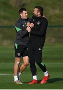 11 October 2021; James Collins and Shane Duffy, right, during a Republic of Ireland training session at the FAI National Training Centre in Abbotstown, Dublin. Photo by Stephen McCarthy/Sportsfile