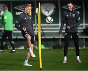 11 October 2021; Liam Scales and Will Keane, right, during a Republic of Ireland training session at the FAI National Training Centre in Abbotstown, Dublin. Photo by Stephen McCarthy/Sportsfile