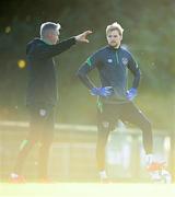 11 October 2021; Goalkeeper Caoimhin Kelleher and goalkeeping coach Dean Kiely, left, during a Republic of Ireland training session at the FAI National Training Centre in Abbotstown, Dublin. Photo by Stephen McCarthy/Sportsfile