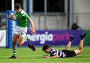6 October 2021; JP Breslin of Gonzaga College is tackled by Luke Grimes of Terenure College during the Bank of Ireland Leinster Schools Junior Cup Round 2 match between Gonzaga College and Terenure at Energia Park in Dublin. Photo by Piaras Ó Mídheach/Sportsfile