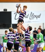 6 October 2021; Lochlann Wardick of Terenure College wins possession in the lineout during the Bank of Ireland Leinster Schools Junior Cup Round 2 match between Gonzaga College and Terenure at Energia Park in Dublin. Photo by Piaras Ó Mídheach/Sportsfile
