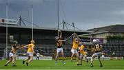 16 May 2021; Eoin Cody of Kilkenny catches the sliotar ahead of Gerard Walsh of Antrim during the Allianz Hurling League Division 1 Group B Round 2 match between Kilkenny and Antrim at UPMC Nowlan Park in Kilkenny. Photo by Brendan Moran/Sportsfile