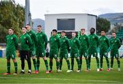 8 October 2021; Republic of Ireland players stand for Amhrán na bhFiann before the UEFA European U21 Championship Qualifier match between Republic of Ireland and Luxembourg at Tallaght Stadium in Dublin.  Photo by Sam Barnes/Sportsfile