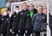 8 October 2021; Republic of Ireland manager Jim Crawford, right, and members of his backroom staff stand for Amhrán na bhFiann before the UEFA European U21 Championship Qualifier match between Republic of Ireland and Luxembourg at Tallaght Stadium in Dublin. Photo by Sam Barnes/Sportsfile