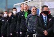 8 October 2021; Republic of Ireland manager Jim Crawford, second from right, and members of his backroom staff stand for Amhrán na bhFiann before the UEFA European U21 Championship Qualifier match between Republic of Ireland and Luxembourg at Tallaght Stadium in Dublin. Photo by Sam Barnes/Sportsfile